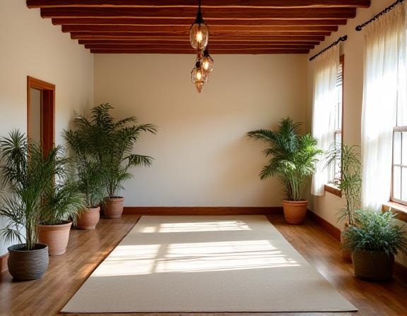 Elysian Hatha studio space at 591 Howard Avenue — warm, natural, welcoming boutique yoga sanctuary