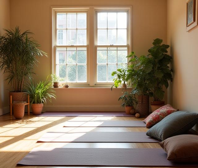 Peaceful yoga studio interior at Elysian Hatha, Brooklyn — natural light, warm tones, open mat space